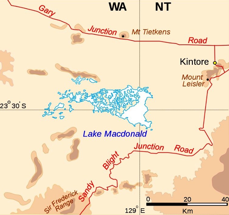 The Lake is located southwest of Kintore, Northern Territory, it lies southwest of Lake Mackay.