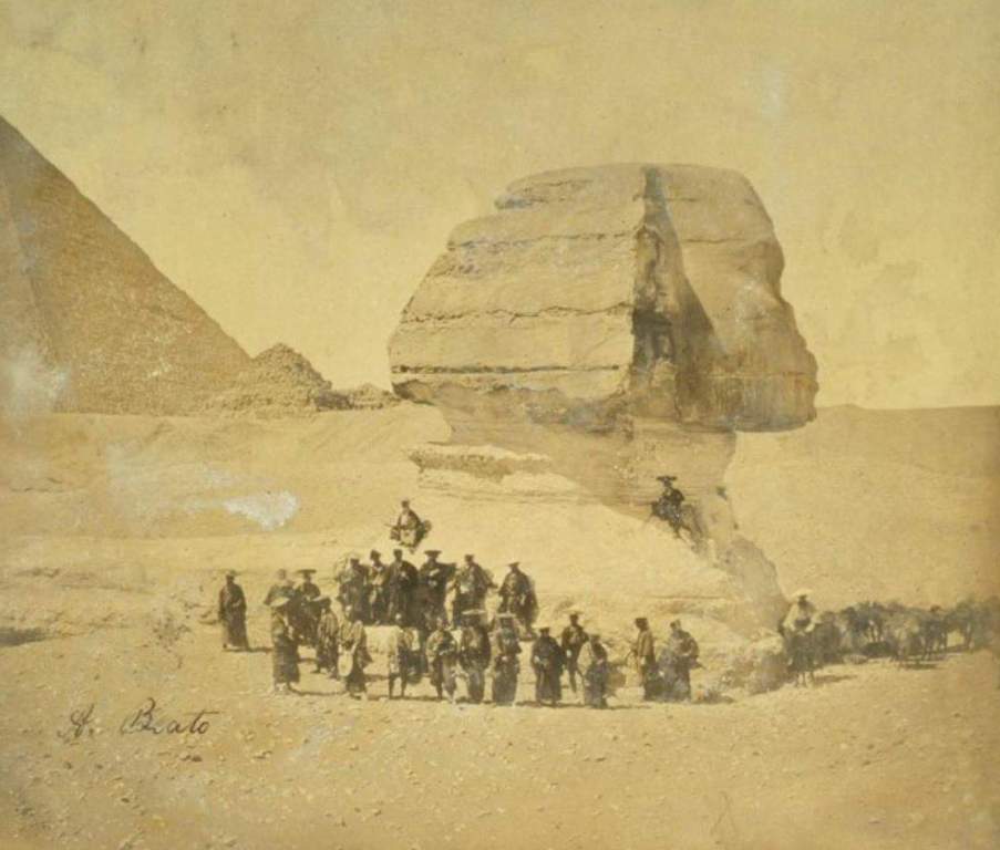 Ikeda Nagaoki historic picture taken in 1864 in front of the great sphinx of Giza during their voyage to Europe, stopped for a brief stay.