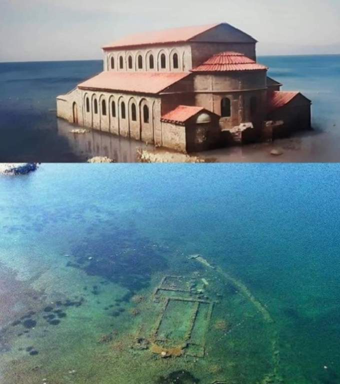 The Byzantine Basilica was built on the lakeshore, and it was submerged due to a catastrophic earthquake in 740 CE.