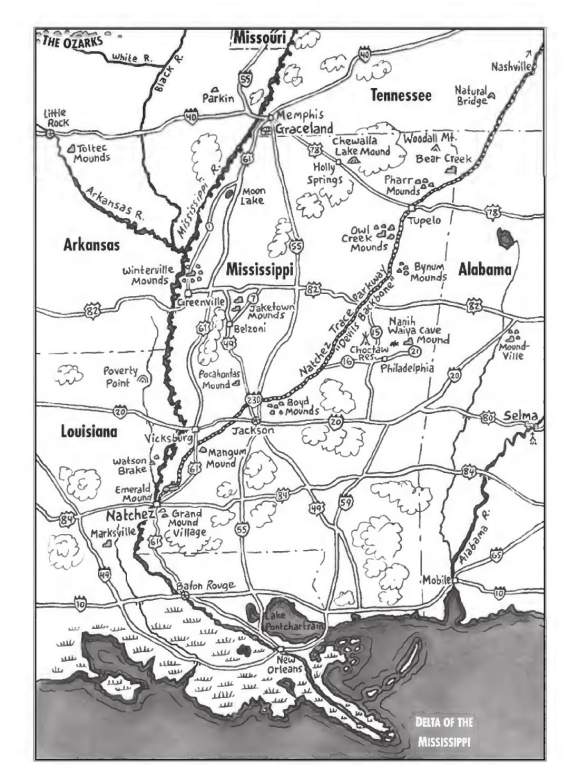 Natchez Indian Trail Map: The prehistoric Natchez Trace, named by French traders and meaning "Natchez Indian Trail," runs across Mississippi and Alabama before entering Tennessee.