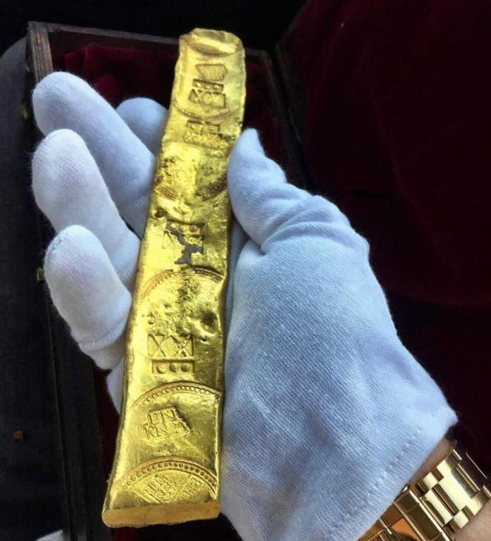 A precious 5-pound solid gold bar with mint marks was discovered from the Spanish 'Treasure' Ship 'Atocha' which sank in 1622 AD.