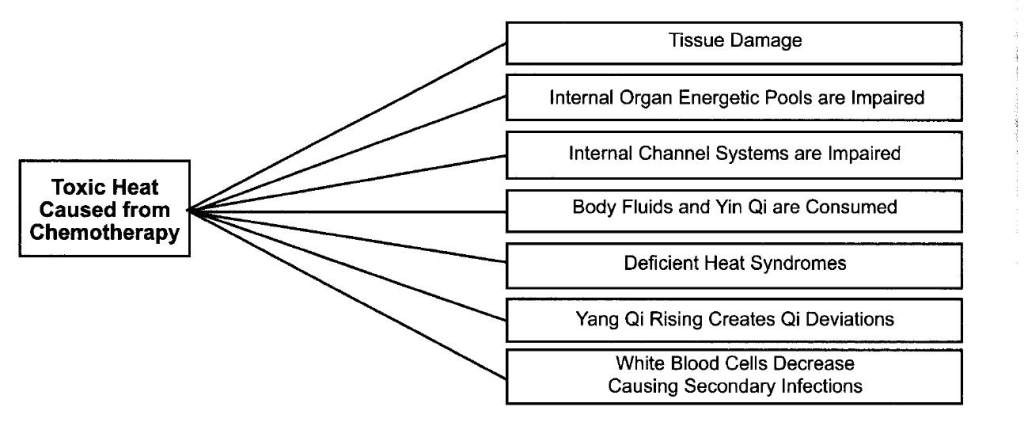 According to traditional chinese medicine, the tissue damage after chemotherapy is extremely extensive due to toxic heat.